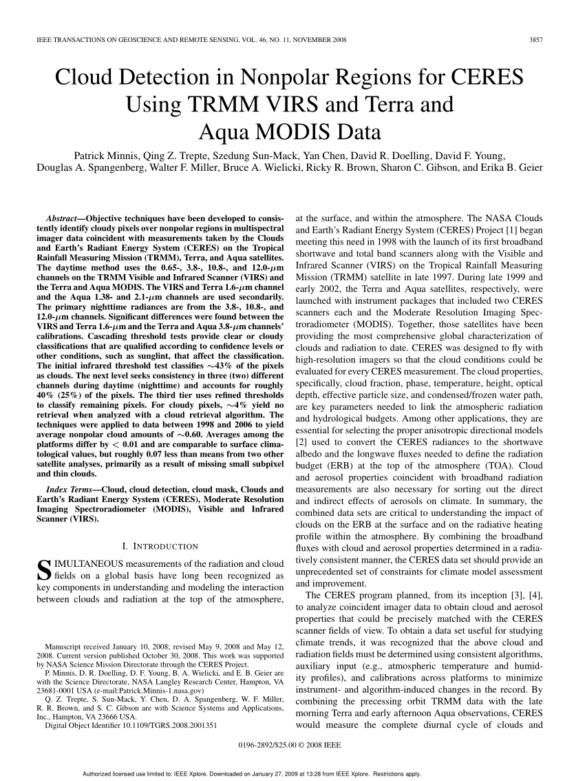 PDF) Cloud detection in nonpolar regions for CERES using TRMM VIRS ...