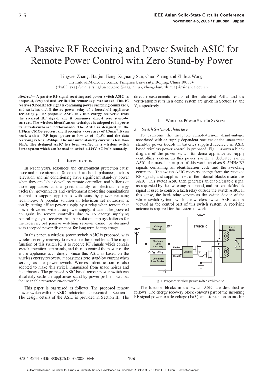 Pdf A Passive Rf Receiving And Power Switch Asic For Remote Power Control With Zero Stand By Power