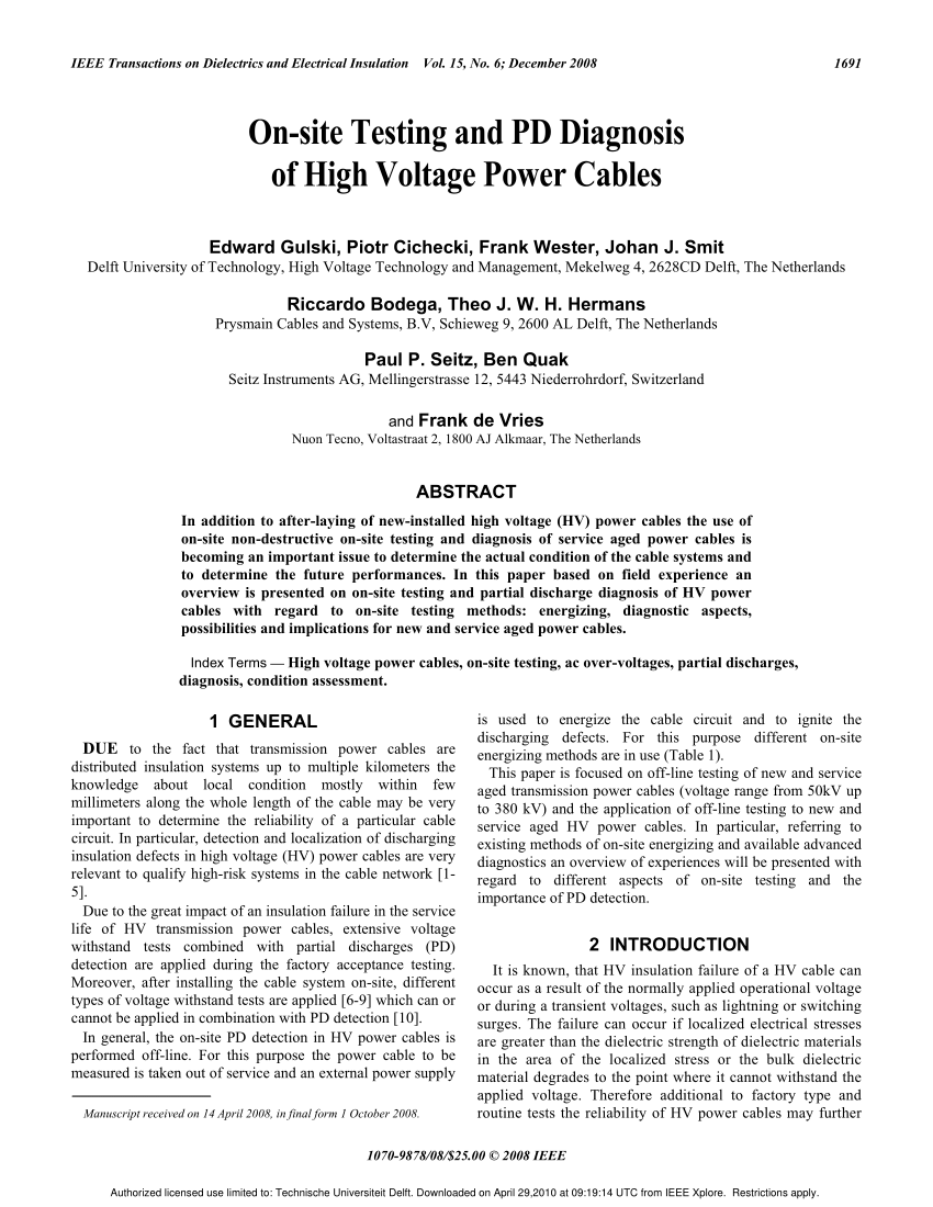 Laboratory tests on high voltage cables and cable systems