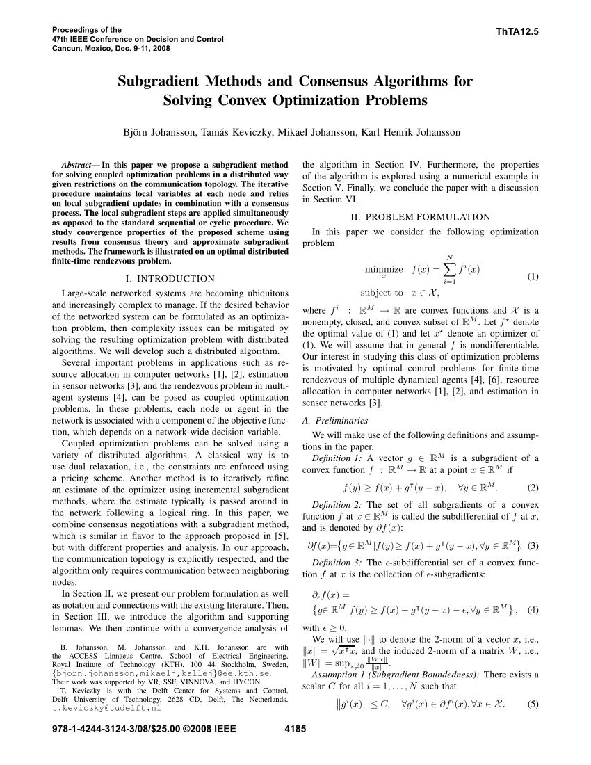 Pdf Thta12 5 Subgradient Methods And Consensus Algorithms For Solving Convex Optimization Problems