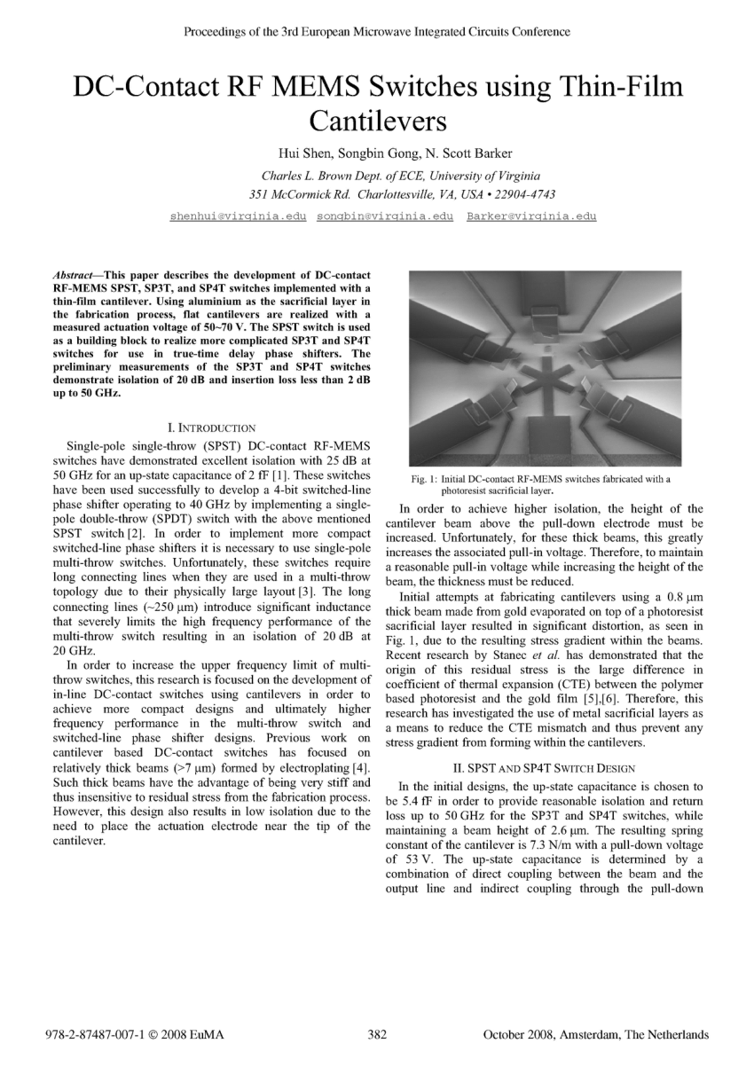 PDF DC contact RF MEMS switches using thin film cantilevers