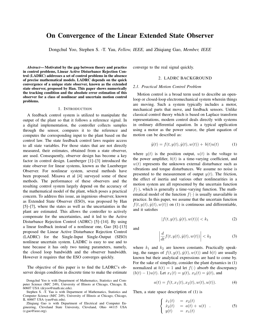 Pdf On Convergence Of The Linear Extended State Observer