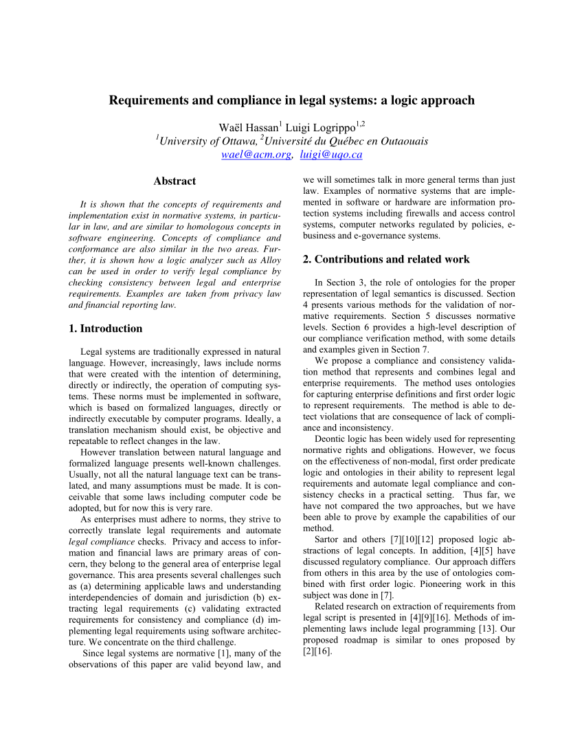 Pdf Requirements And Compliance In Legal Systems A Logic Approach