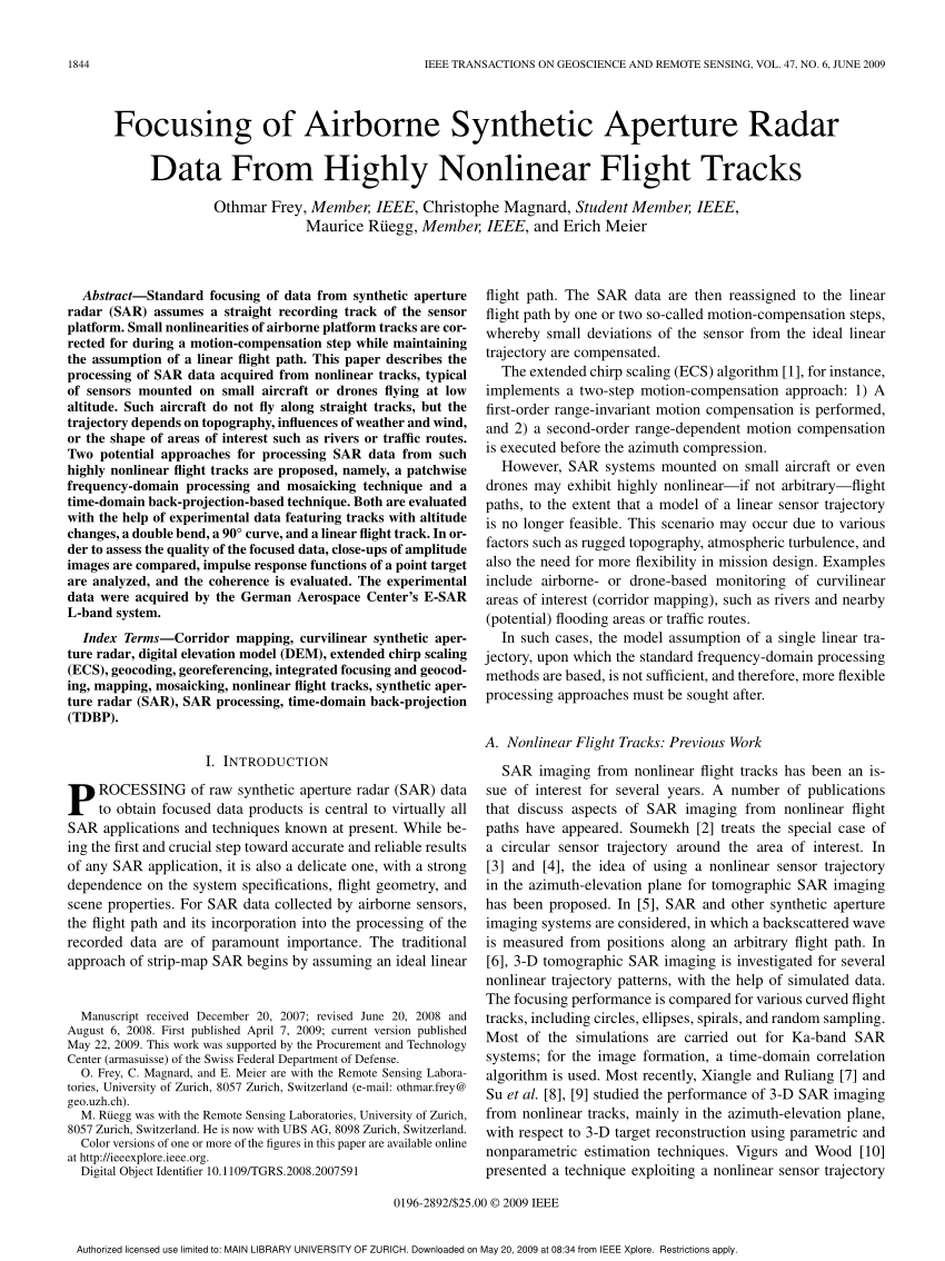 Pdf Focusing Of Airborne Synthetic Aperture Radar Data From Highly Nonlinear Flight Tracks