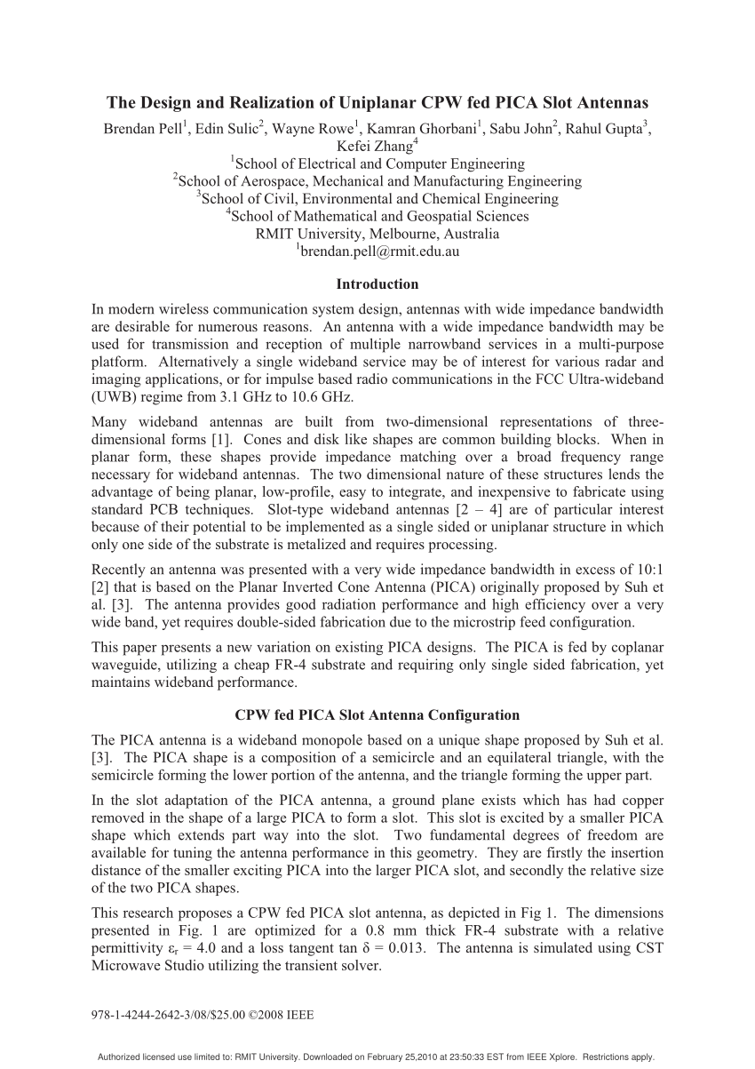 Pdf The Design And Realization Of Uniplanar Cpw Fed Pica Slot Antennas