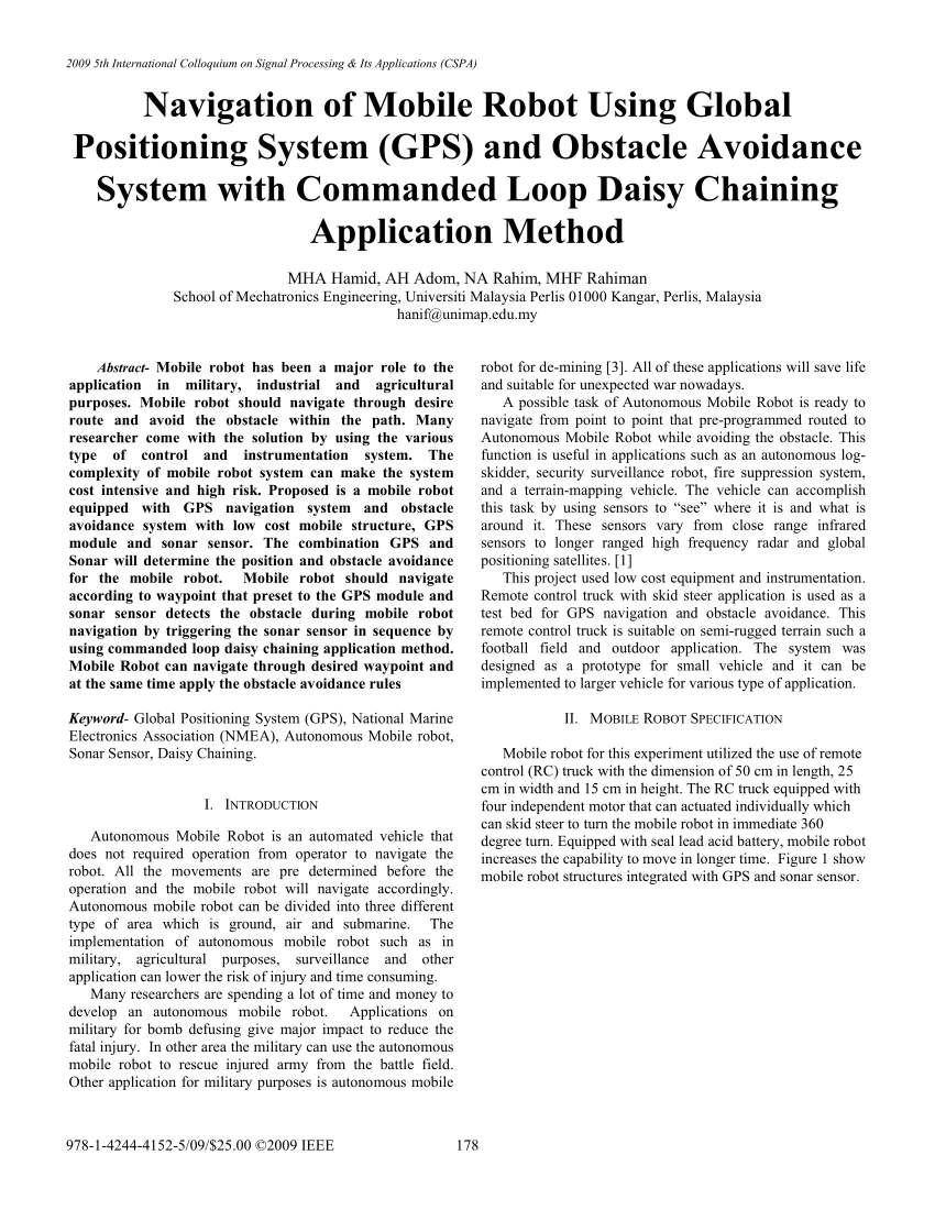 PDF) Navigation of mobile robot using Global Positioning System (GPS) and  obstacle avoidance system with commanded loop daisy chaining application  method