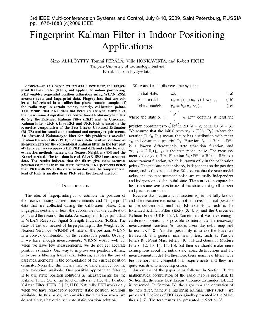 Pdf Fingerprint Kalman Filter In Indoor Positioning Applications