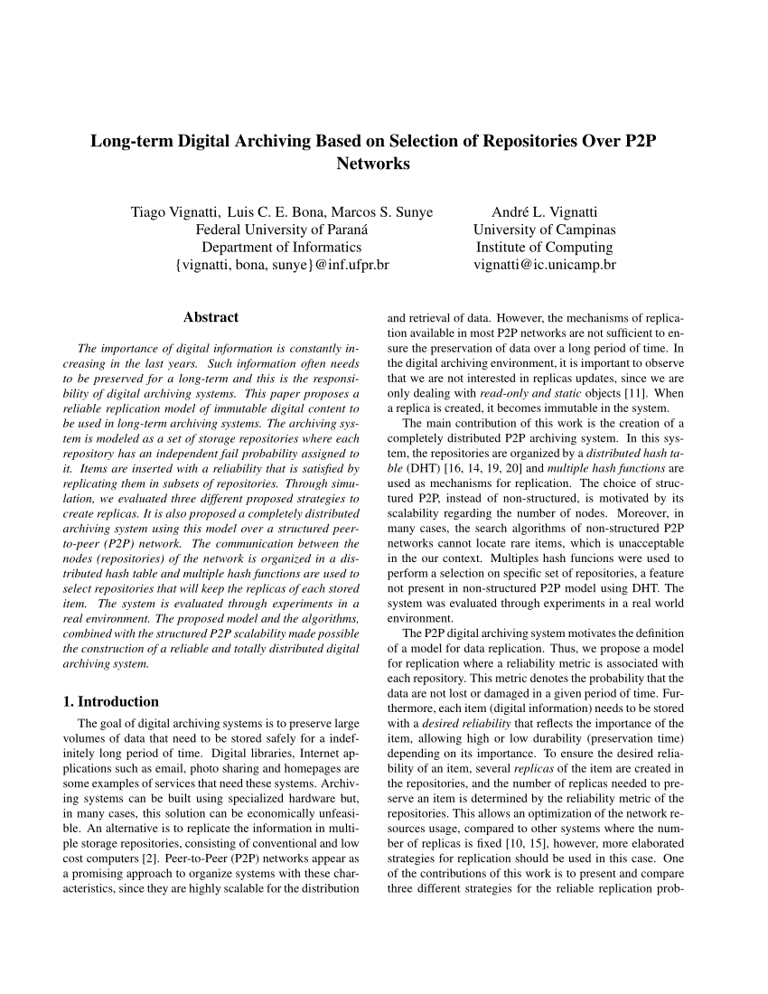 PDF) Long-term digital archiving based on selection of repositories over  P2P networks