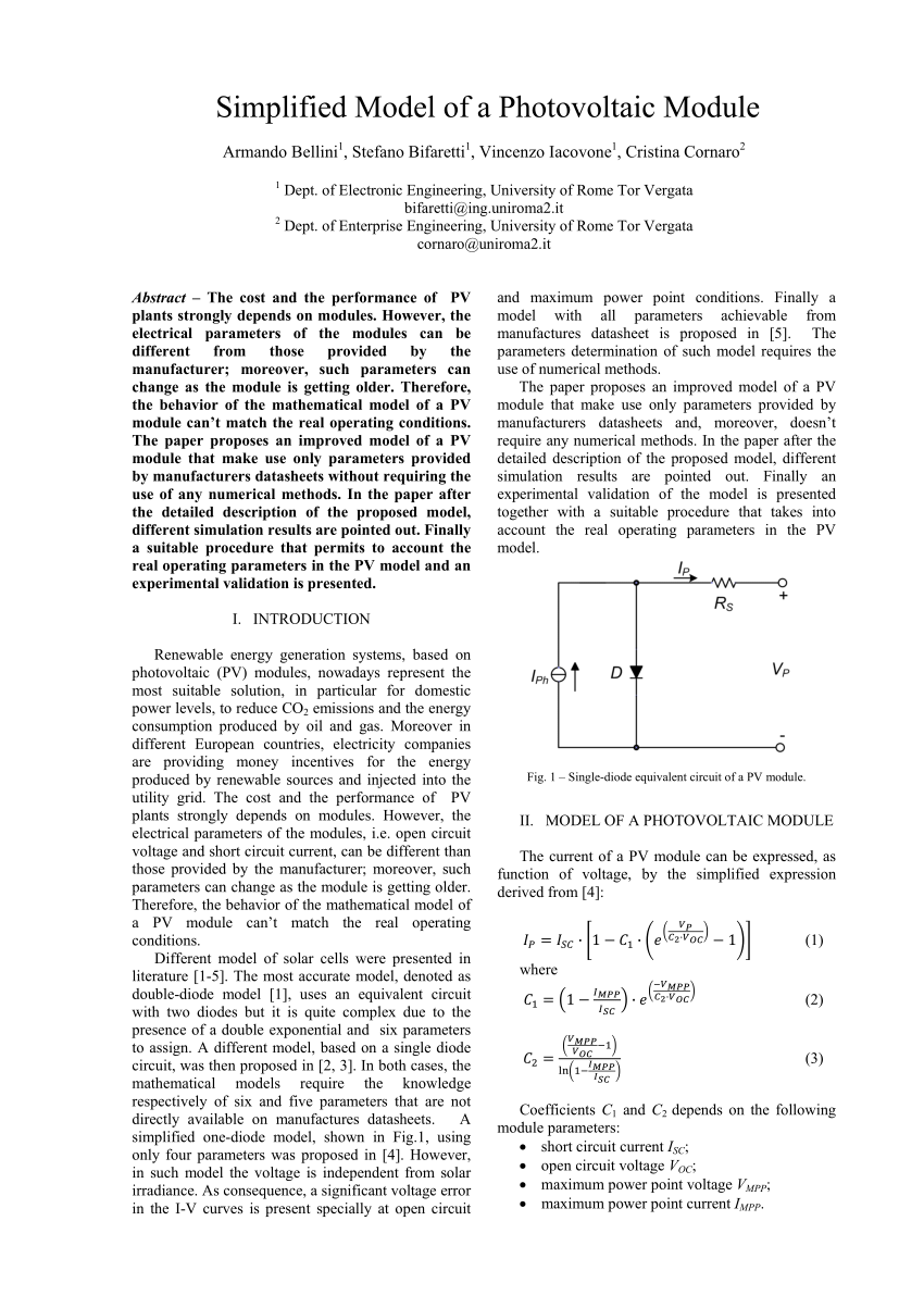 Pdf Simplified Model Of A Photovoltaic Module