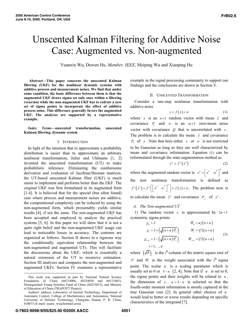 Pdf Unscented Kalman Filtering For Additive Noise Case Augmented Vs Non Augmented