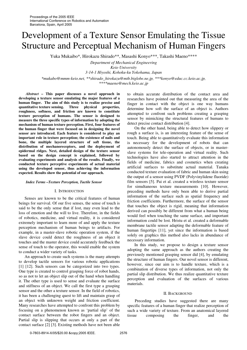 PDF) Development of a Texture Sensor Emulating the Tissue 