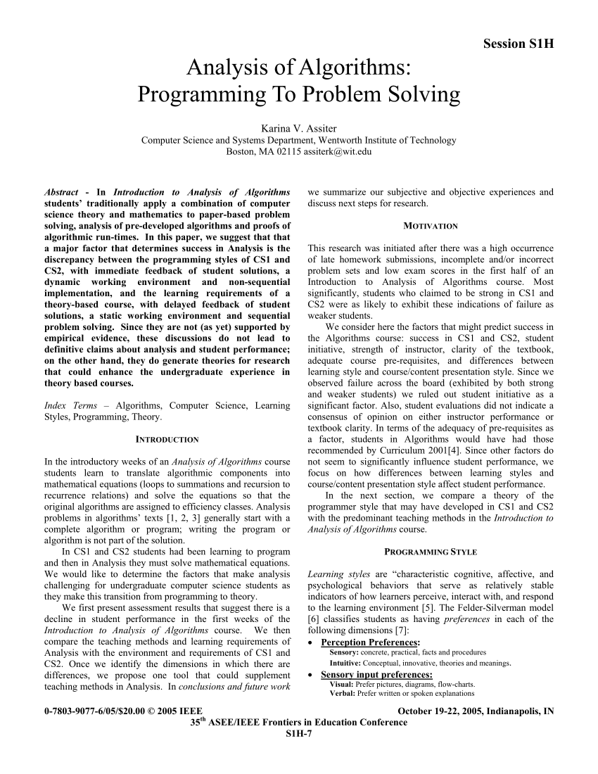 PDF) Analysis of Algorithms: programming to problem solving