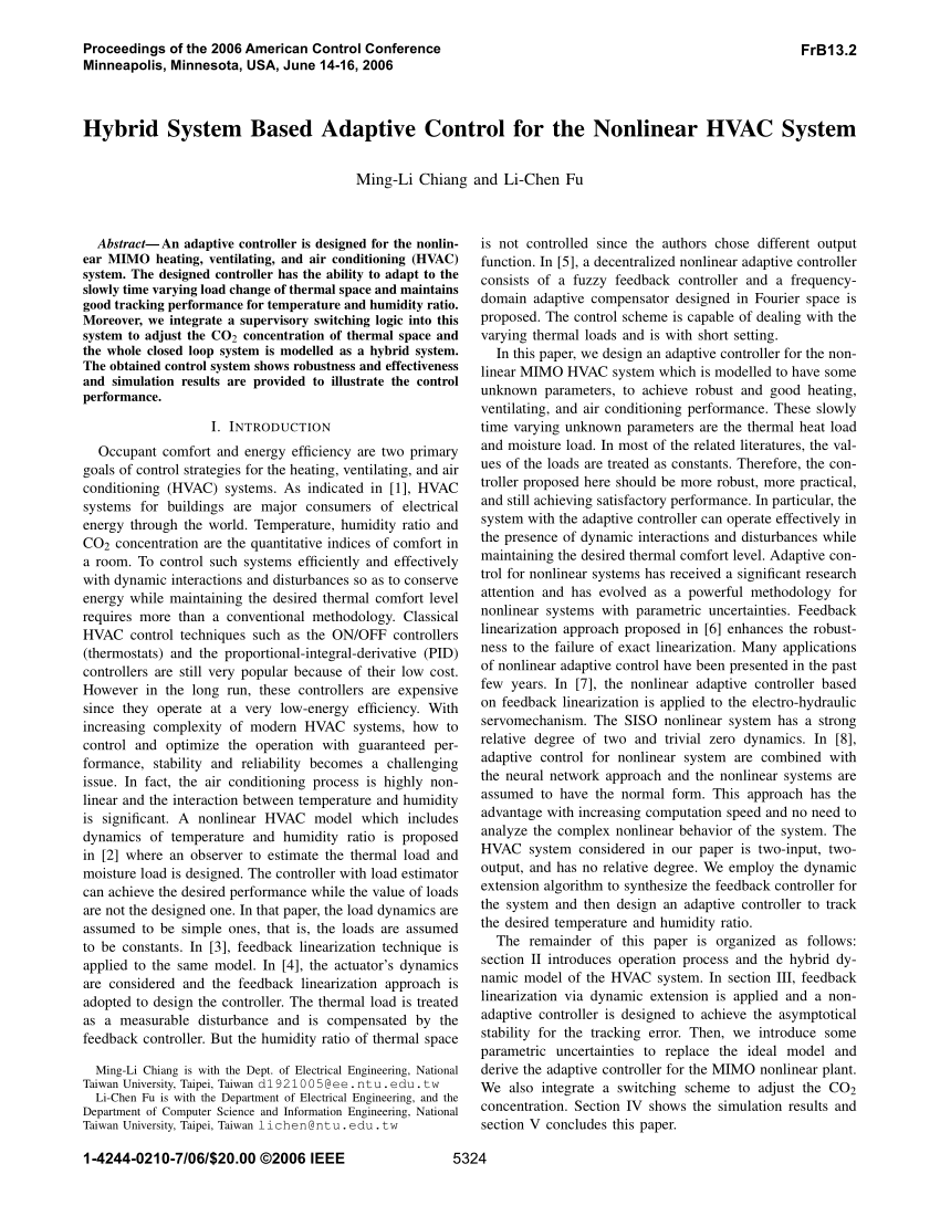 Pdf Hybrid System Based Adaptive Control For The Nonlinear Hvac System