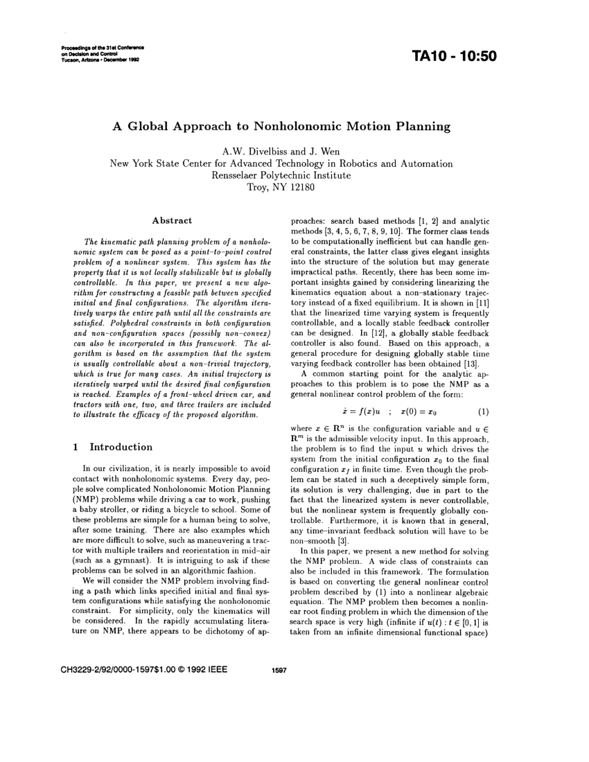 (PDF) A Global Approach to nonholonomic Motion planning