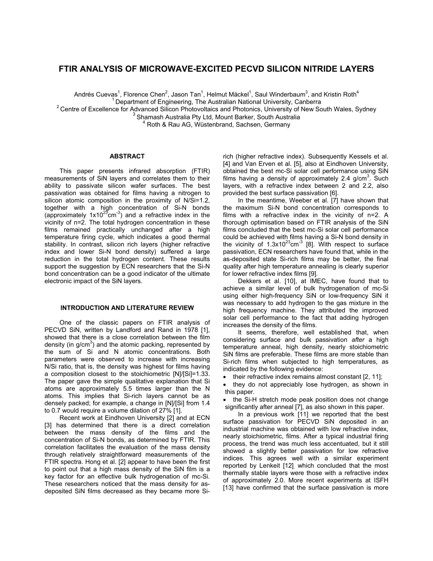 Pdf Ftir Analysis Of Microwave Excited Pecvd Silicon Nitride Layers