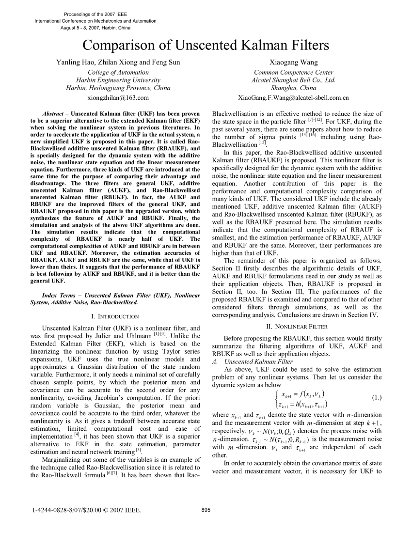 Pdf Comparison Of Unscented Kalman Filters