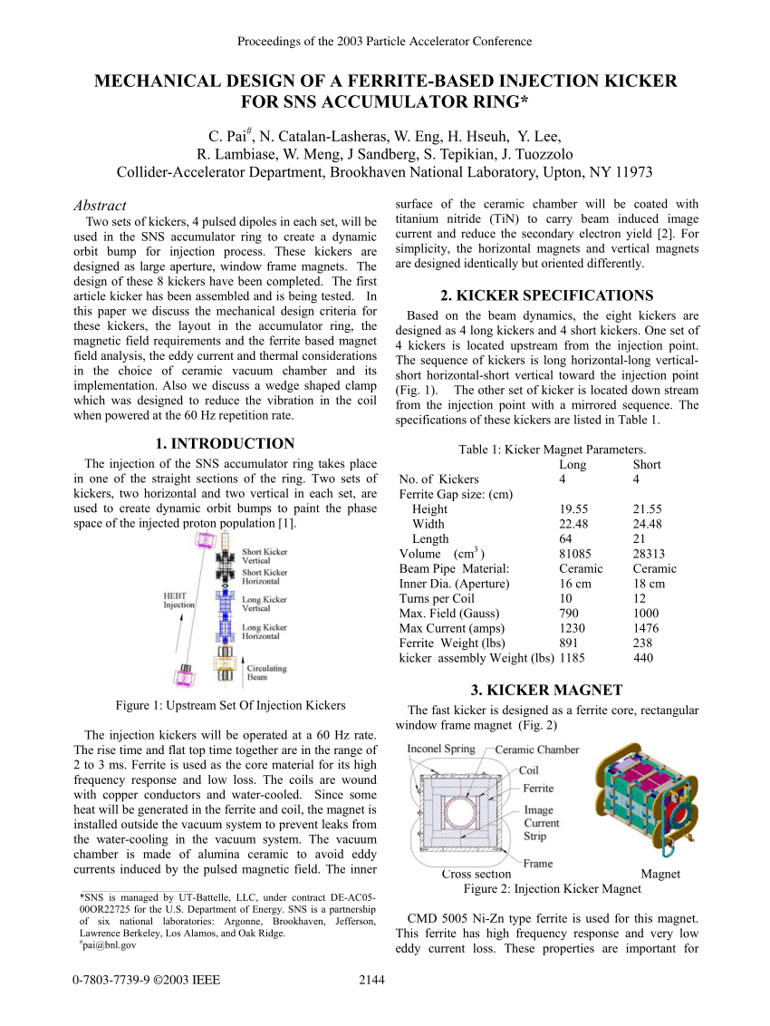 Pdf Mechanical Design Of A Ferrite Based Injection Kicker For Sns Accumulator Ring
