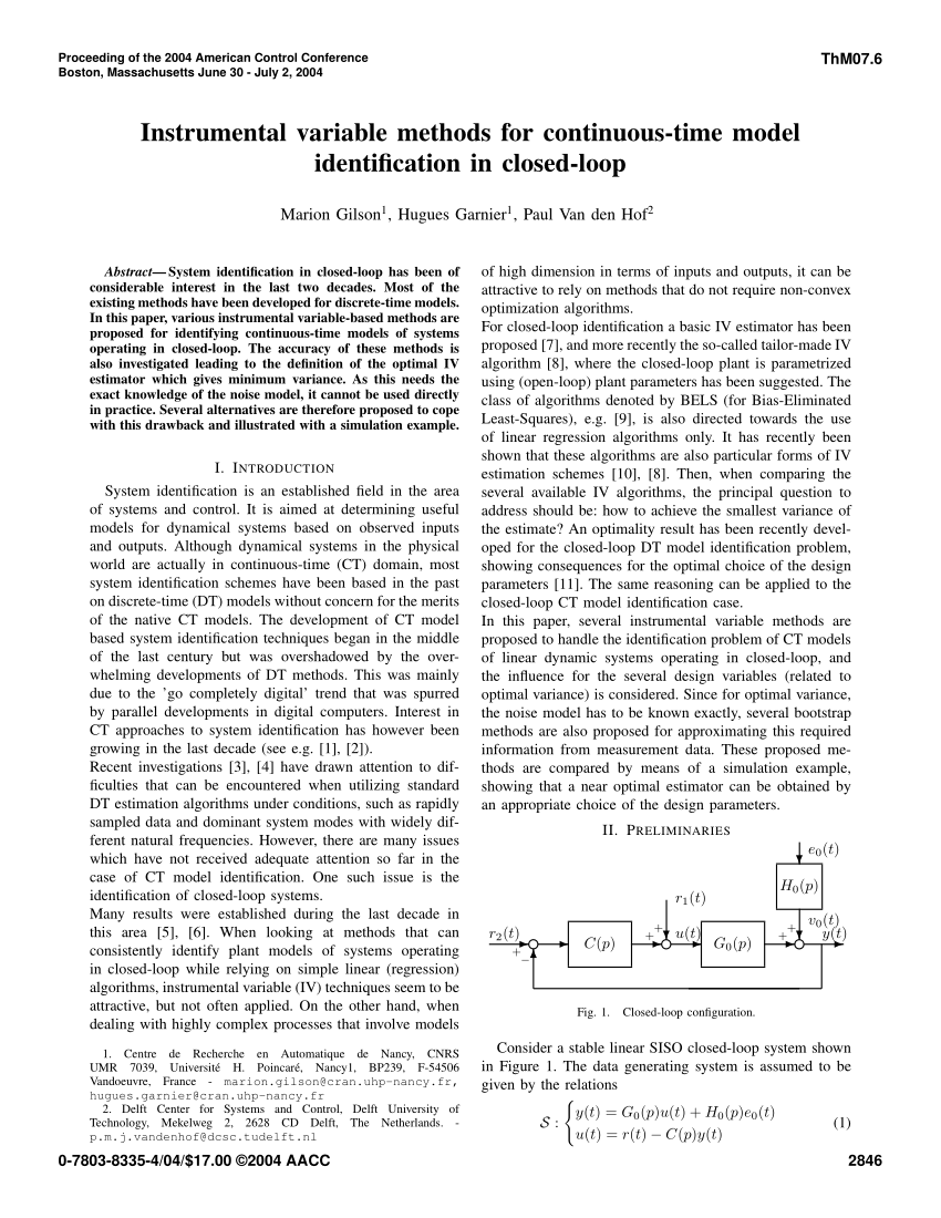 Pdf Instrumental Variable Methods For Continuous Time Model Identification In Closed Loop