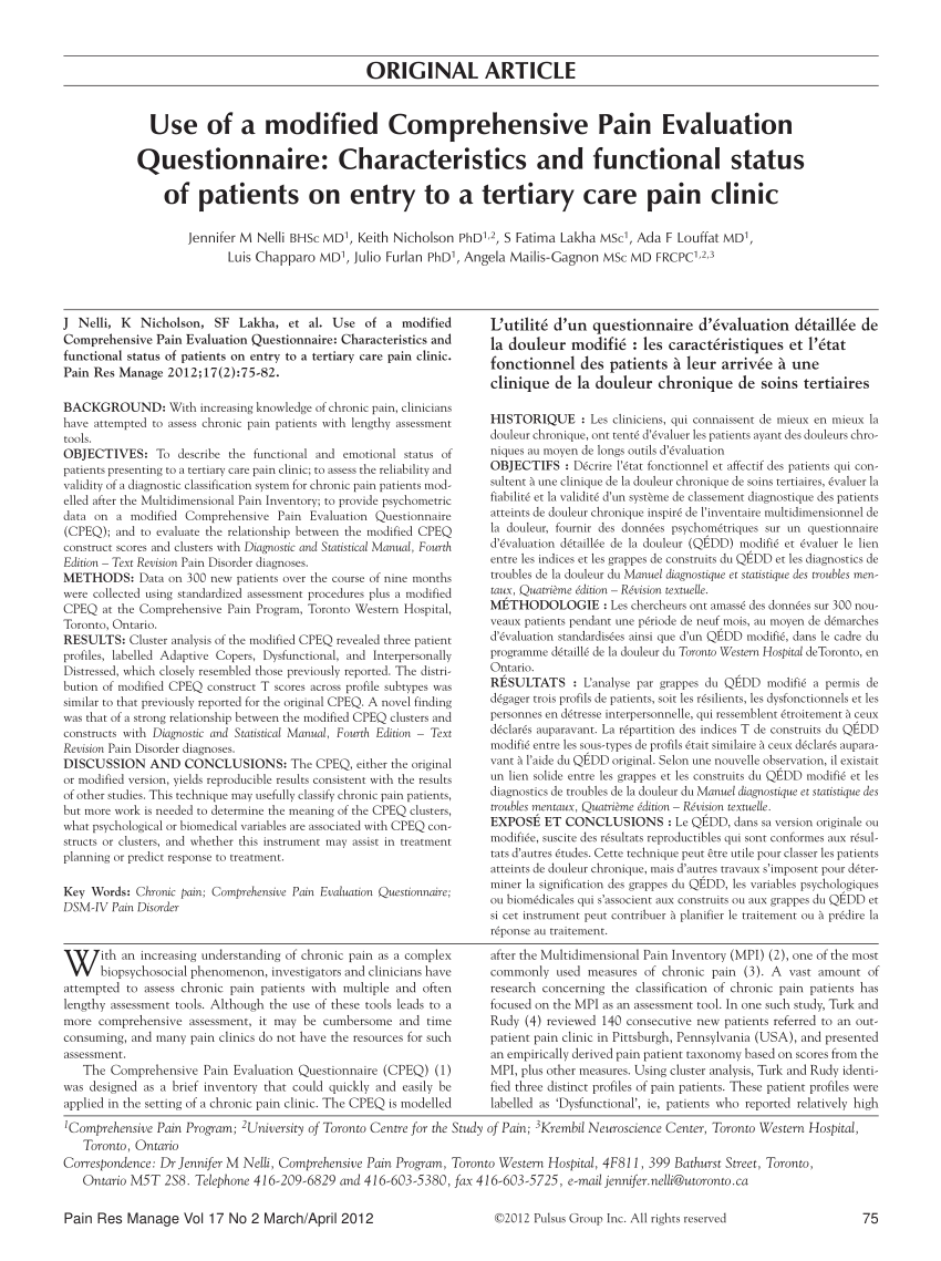 PDF) Use care tertiary Pain characteristics Questionnaire clinic patients a pain on modified functional (CPEQ): a of to Comprehensive entry and of Evaluation status