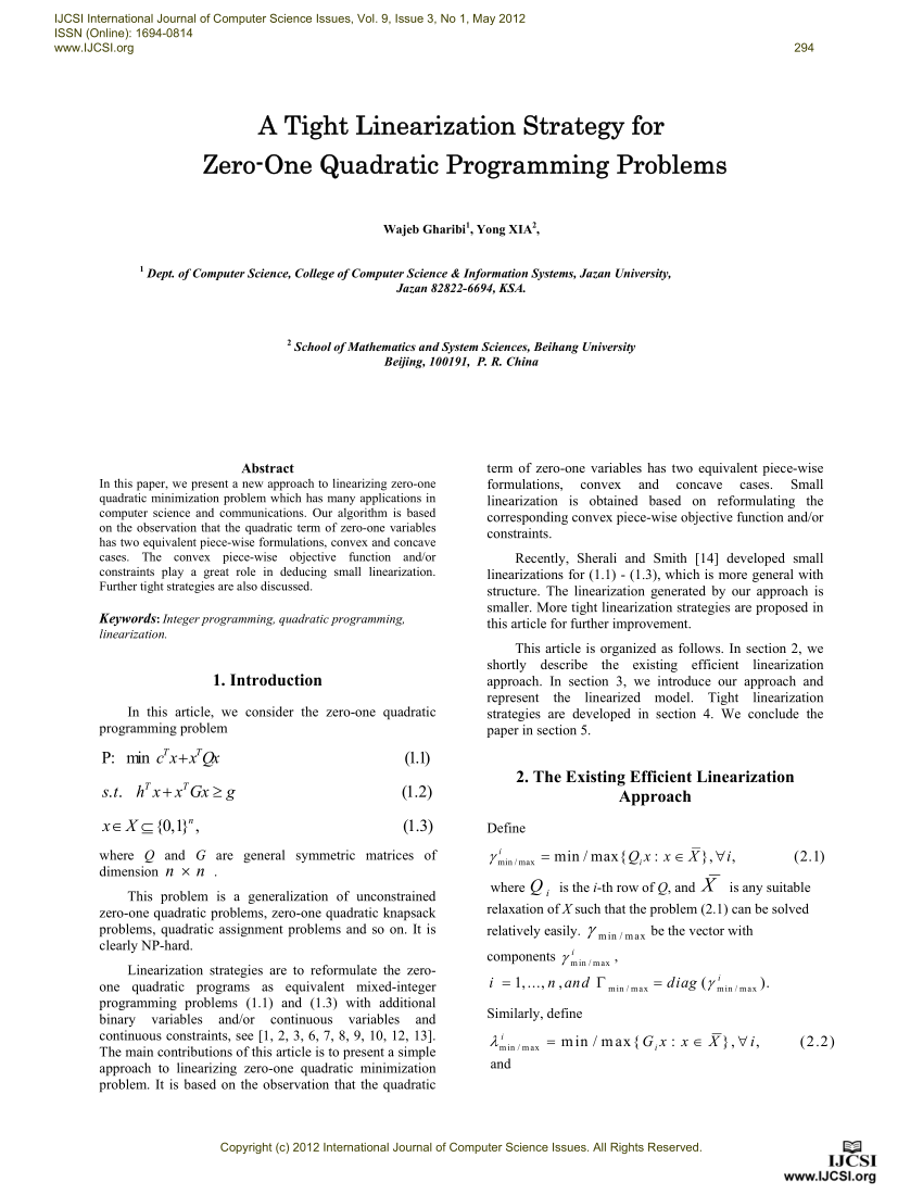 Pdf A Tight Linearization Strategy For Zero One Quadratic Programming Problems
