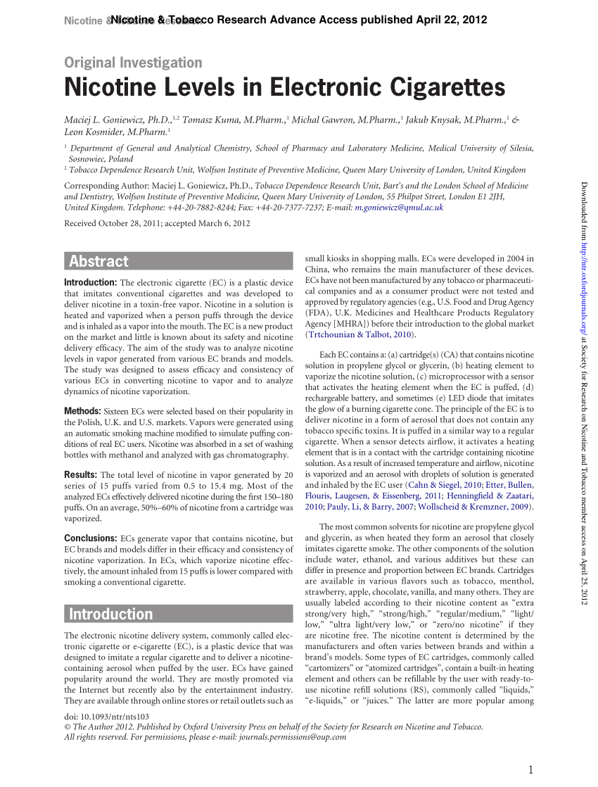 PDF Nicotine Levels in Electronic Cigarettes