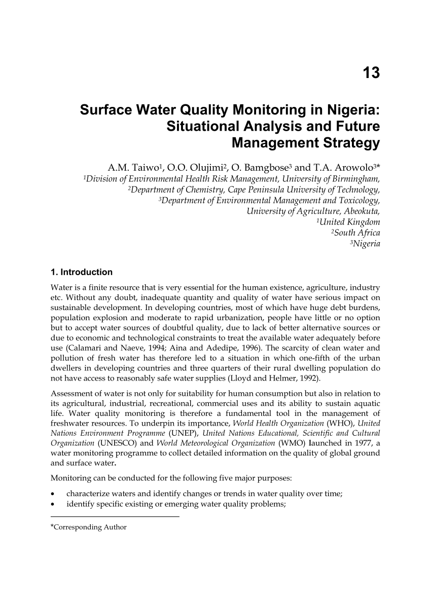 Pdf Surface Water Quality Monitoring In Nigeria - 