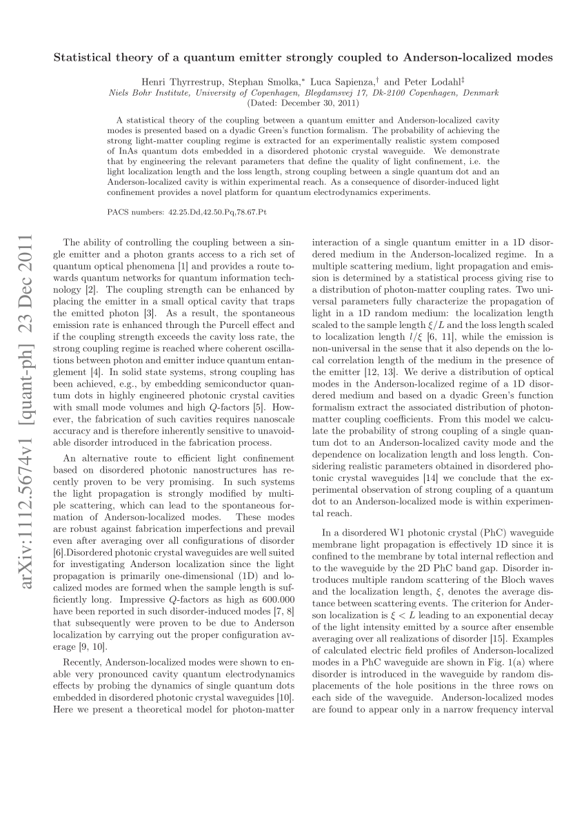 Pdf Statistical Theory Of A Quantum Emitter Strongly Coupled To Anderson Localized Modes 6140