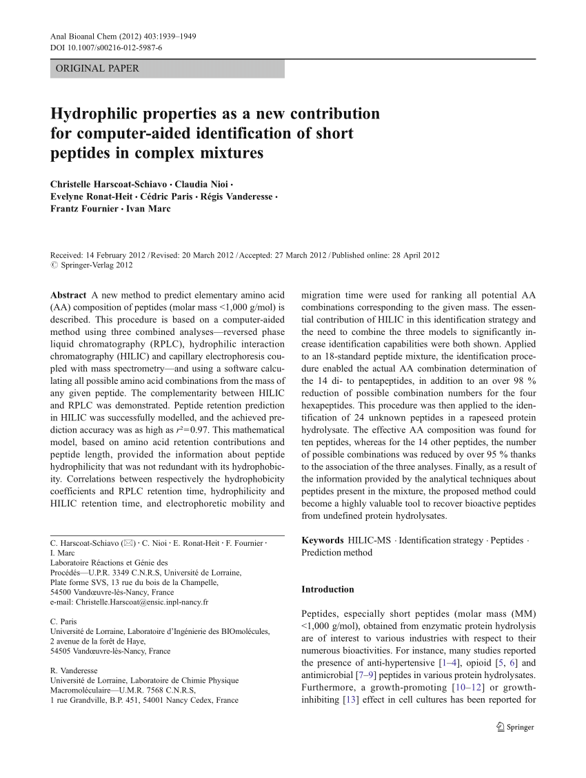 Pdf Hydrophilic Properties As A New Contribution For Computer Aided Identification Of Short Peptides In Complex Mixtures