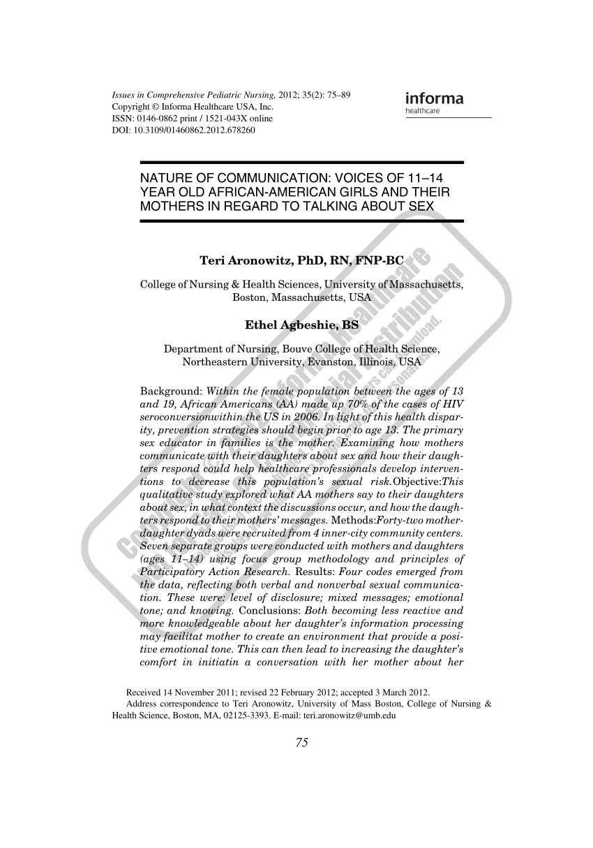 PDF) Nature of Communication: Voices of 11–14 Year Old African-American  Girls and Their Mothers in Regard to Talking About Sex