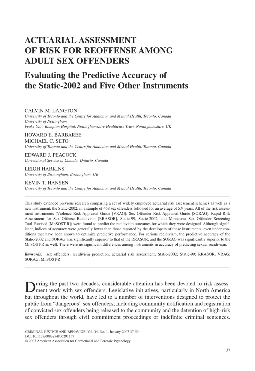Pdf Actuarial Assessment Of Risk For Reoffense Among Adult Sex Offenders 9124