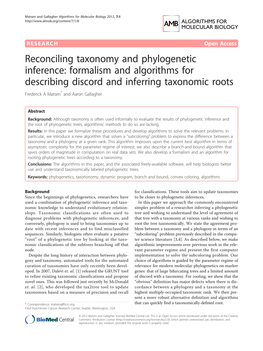 Pdf Reconciling Taxonomy And Phylogenetic Inference Formalism And Algorithms For Describing Discord And Inferring Taxonomic Roots
