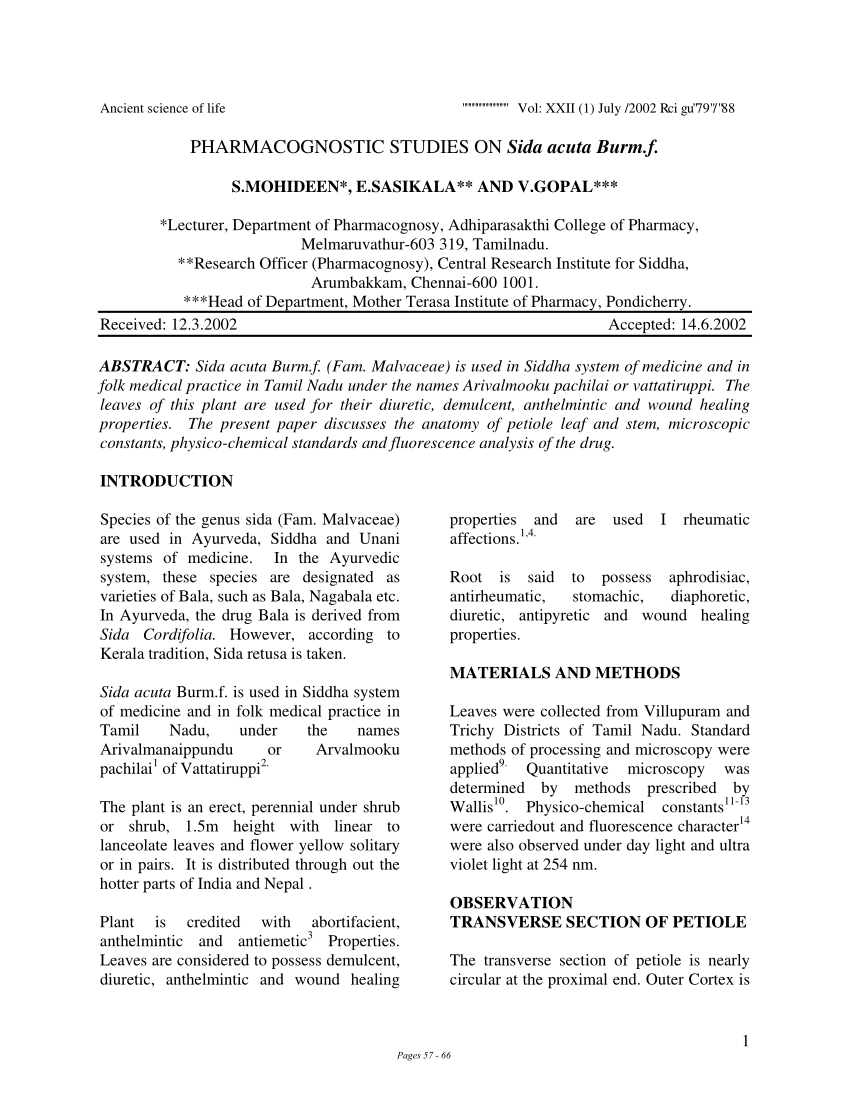 PDF PHARMACOGNOSTIC STUDIES ON Sida acuta Burm.f