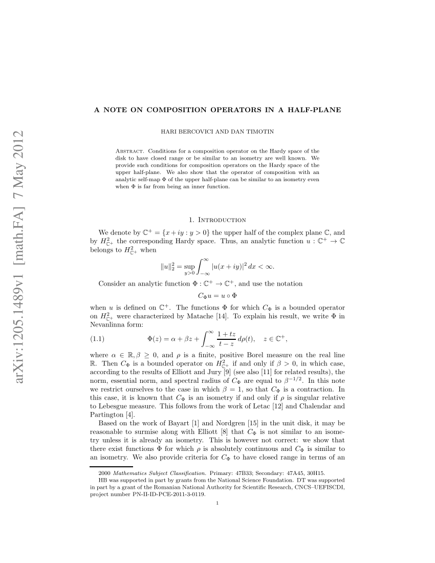 Pdf A Note On Composition Operators In A Half Plane