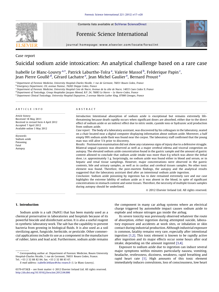 Pdf Suicidal Sodium Azide Intoxication An Analytical Challenge Based On A Rare Case