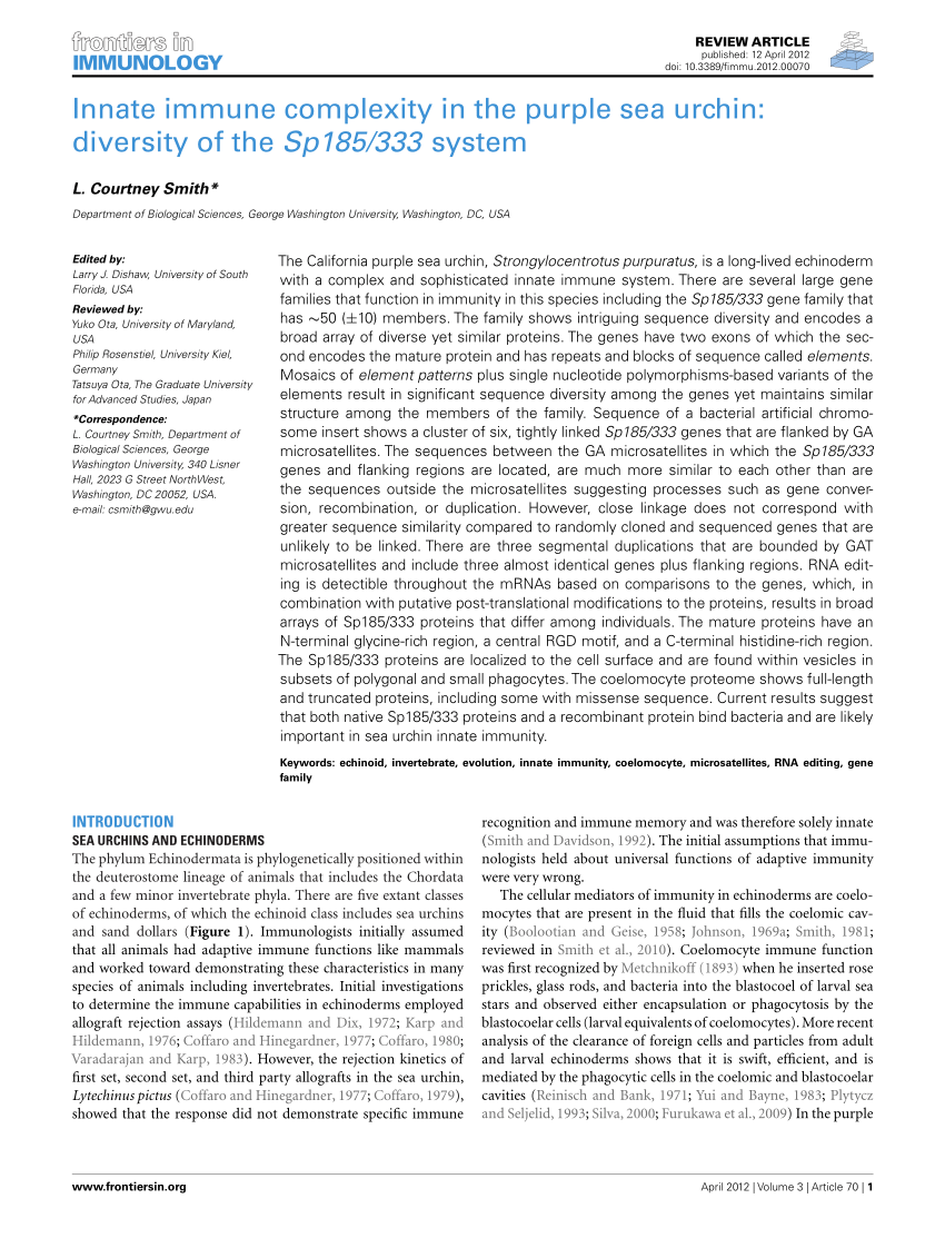 Pdf Innate Immune Complexity In The Purple Sea Urchin Diversity Of The Sp185 333 System