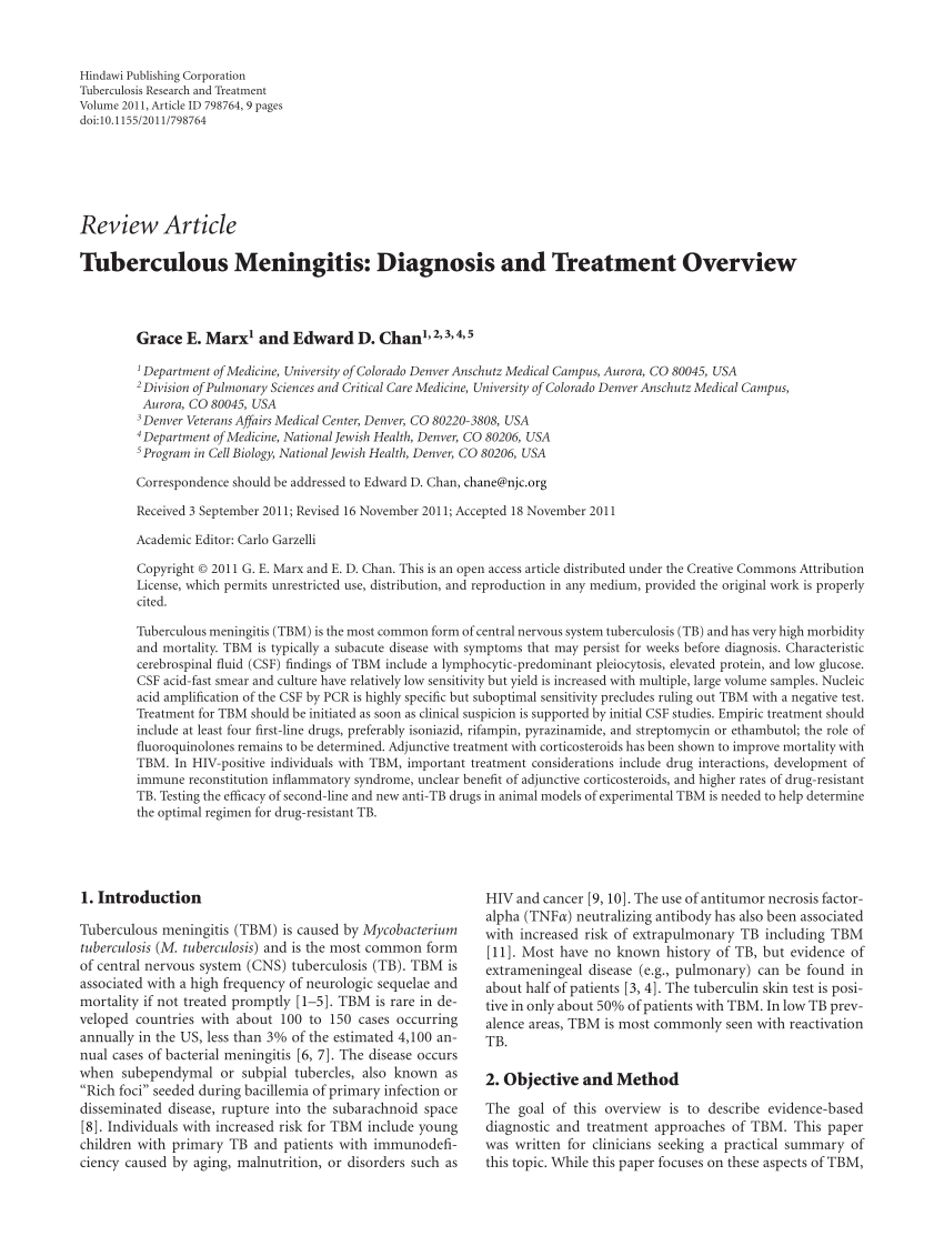 Pdf Tuberculous Meningitis Diagnosis And Treatment Overview