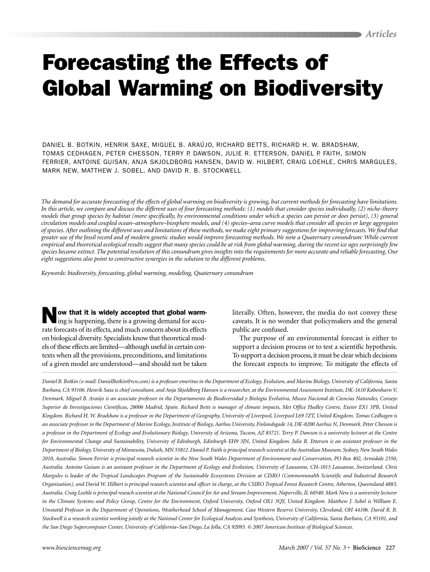 Pdf Forecasting The Effects Of Global Warming On Biodiversity