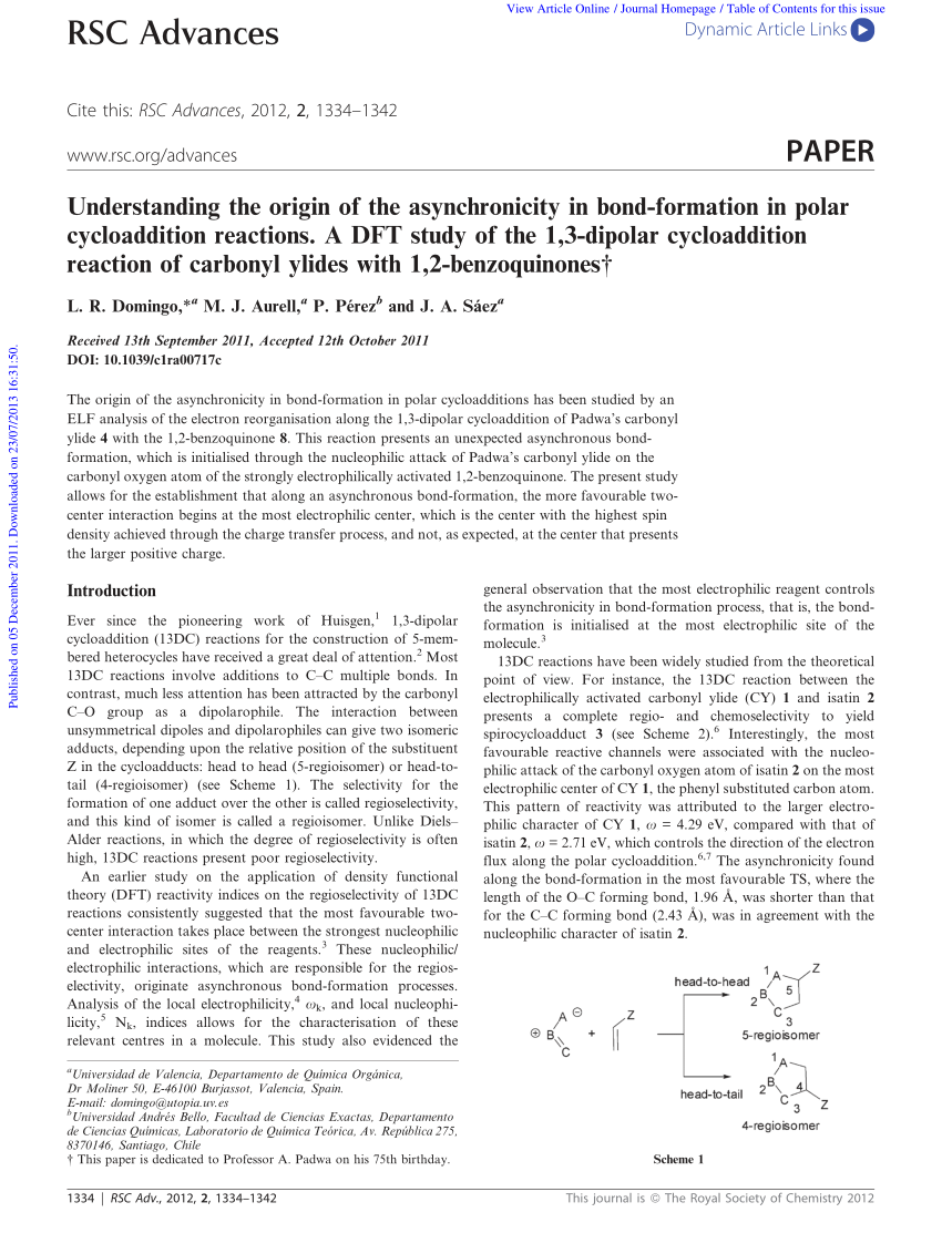 Pdf Understanding The Origin Of The Asynchronicity In Bond Formation In Polar Cycloaddition Reactions A Dft Study Of The 1 3 Dipolar Cycloaddition Reaction Of Carbonyl Ylides With 1 2 Benzoquinones