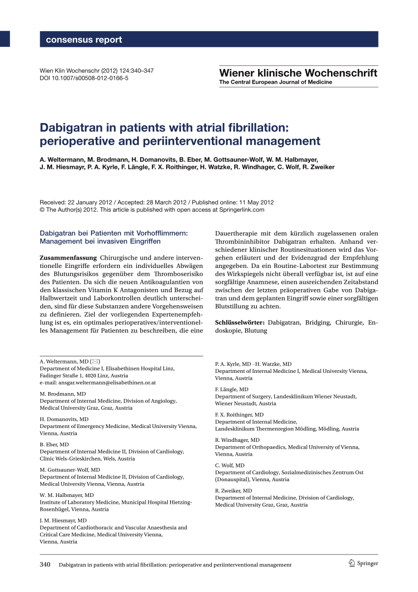 Pdf Dabigatran In Patients With Atrial Fibrillation Perioperative And Periinterventional Management