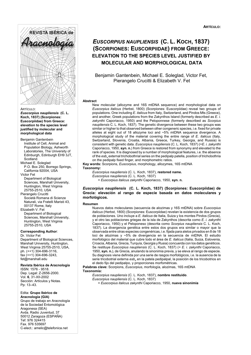 Pdf Euscorpius Naupliensis C L Koch 17 Scorpiones Euscorpiidae From Greece Elevation To The Species Level Justified By Molecular And Morphological Data