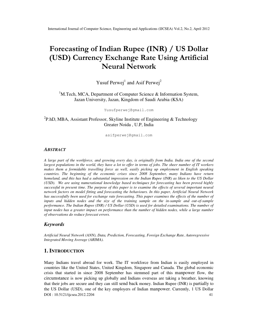Pdf Forecasting Of Indian Rupee Inr Us Dollar Usd Currency - 