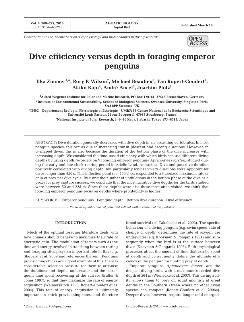 Pdf Dive Efficiency Versus Depth In Foraging Emperor Penguins