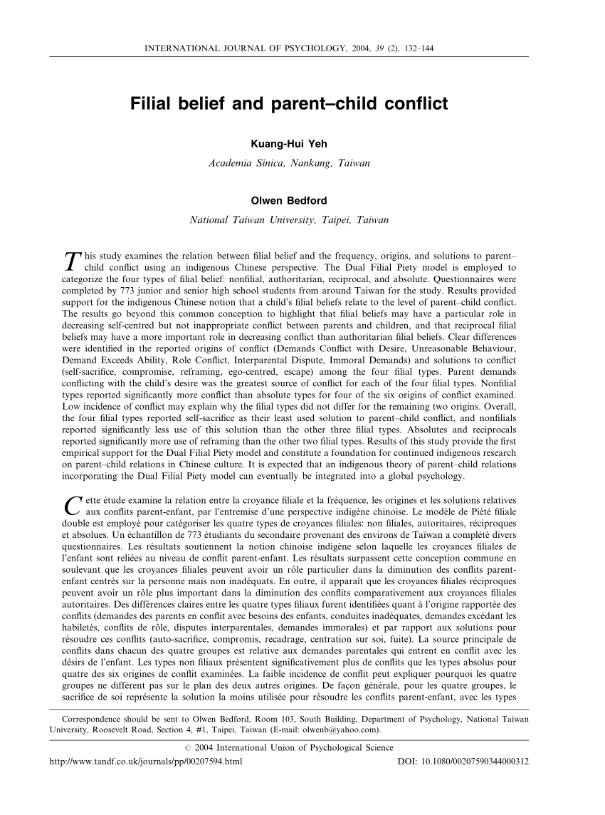 Pdf Filial Belief And Parent Child Conflict