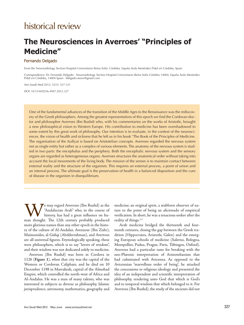 Pdf The Neurosciences In Averroes Principles Of Medicine