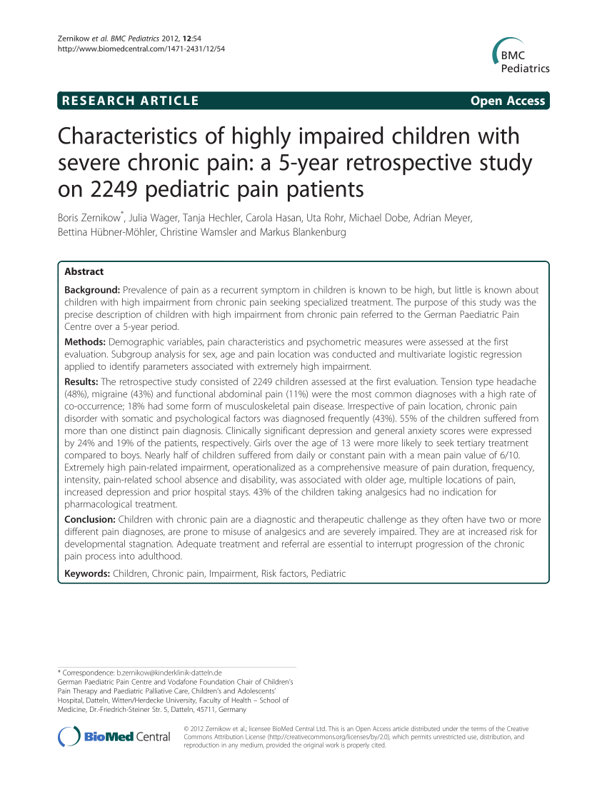 PDF) Characteristics of highly impaired children with severe chronic pain: A  5-year retrospective study on 2249 pediatric pain patients