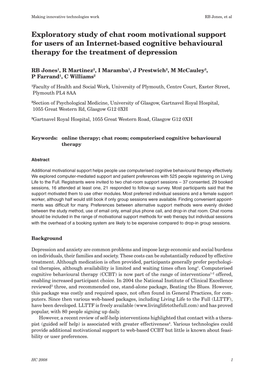 Pdf Exploratory Study Of Chat Room Motivational Support For Users Of An Internet Based Cognitive Behavioural Therapy For The Treatment Of Depression