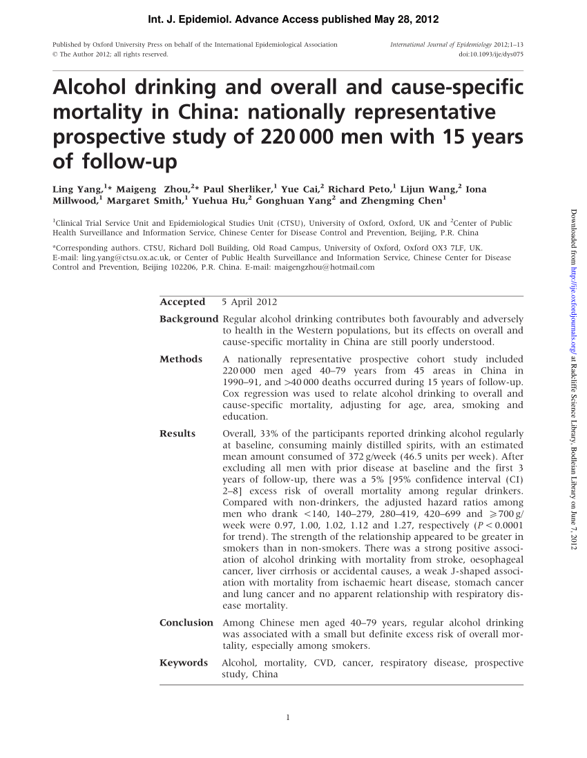 (PDF) Alcohol drinking and overall and cause-specific mortality in Sns-Brigh10