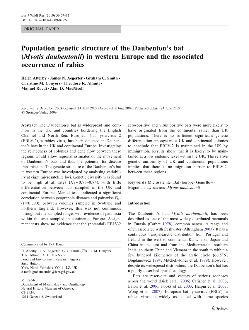 Pdf Population Genetic Structure Of The Daubenton S Bat Myotis Daubentonii In Western Europe And The Associated Occurrence Of Rabies