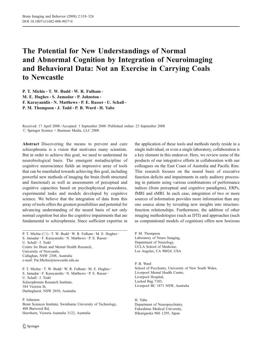 Pdf The Potential For New Understandings Of Normal And Abnormal Cognition By Integration Of Neuroimaging And Behavioral Data Not An Exercise In Carrying Coals To Newcastle