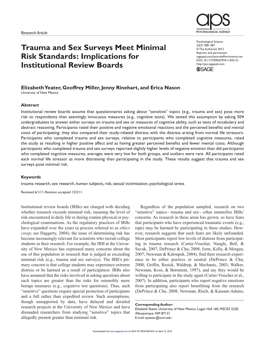 PDF) Trauma and Sex Surveys Meet Minimal Risk Standards Implications for Institutional Review Boards